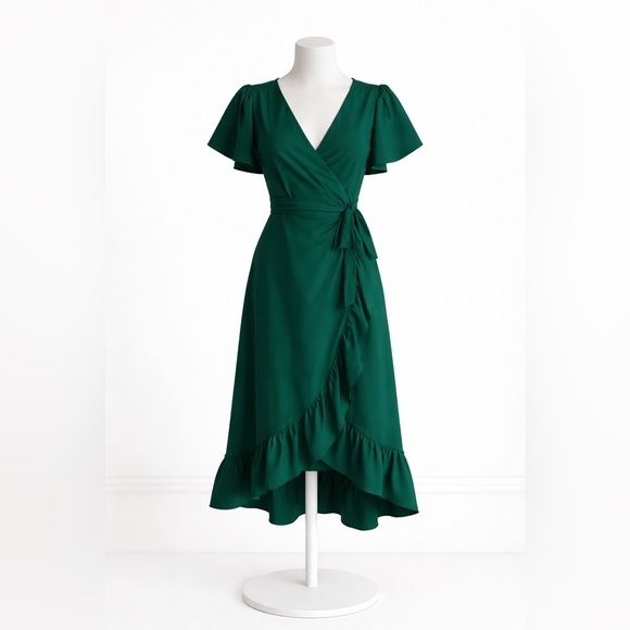 Mi Ami Francesca’s Dresses & Skirts - Mi Ami Francesca’s Green Satin Wrap Midi Dress Flutter Sleeve Ruffle Hem Size M
